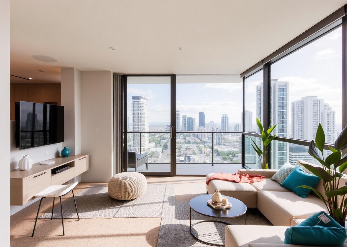 Light-filled modern apartment interior with a city outlook, typical of an investment property