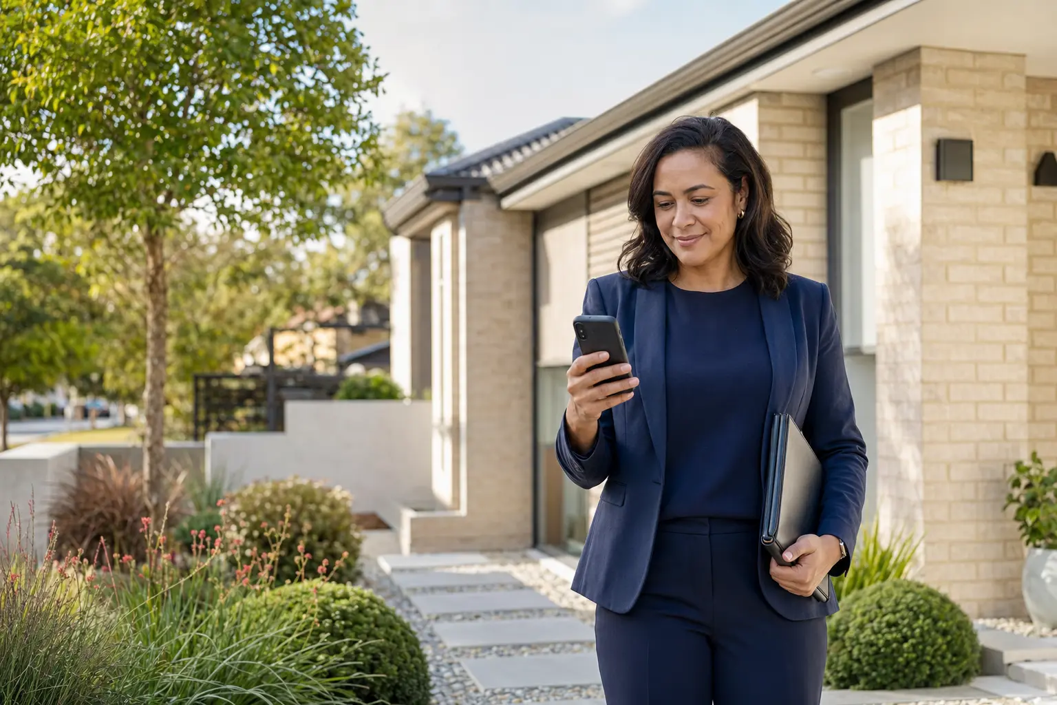 An agent reading an introduction on her phone outside an Australian home