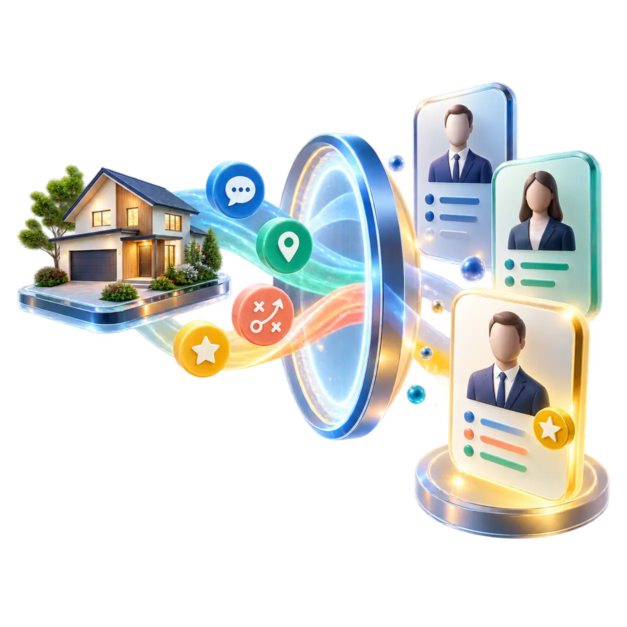 Illustration of a property and its priorities passing through HOMII Match to produce three suitable professional profiles
