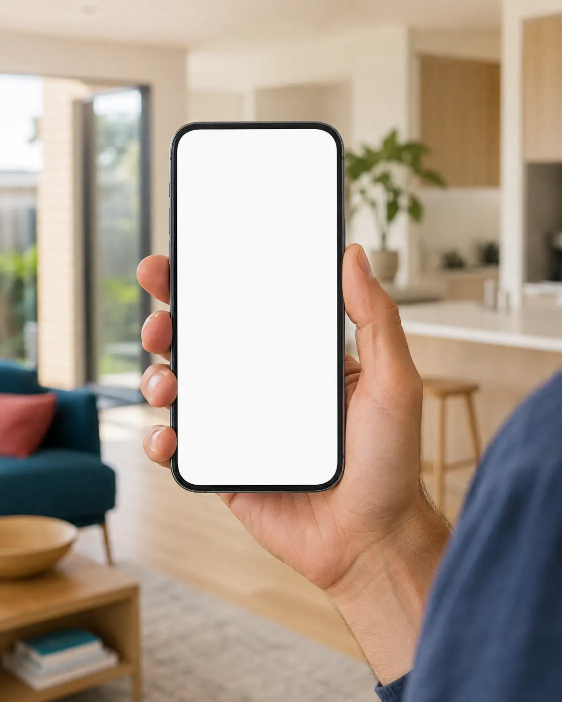 A person holding a phone in the living room of an Australian home
