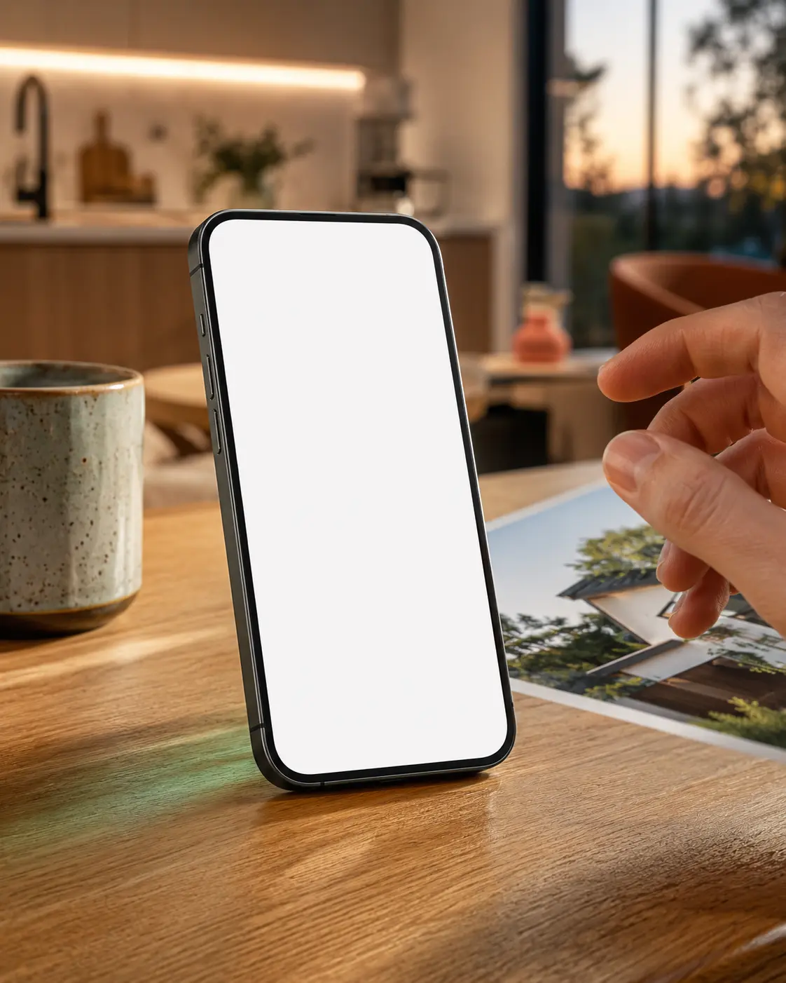 A phone propped on a timber bench beside a property brochure at dusk