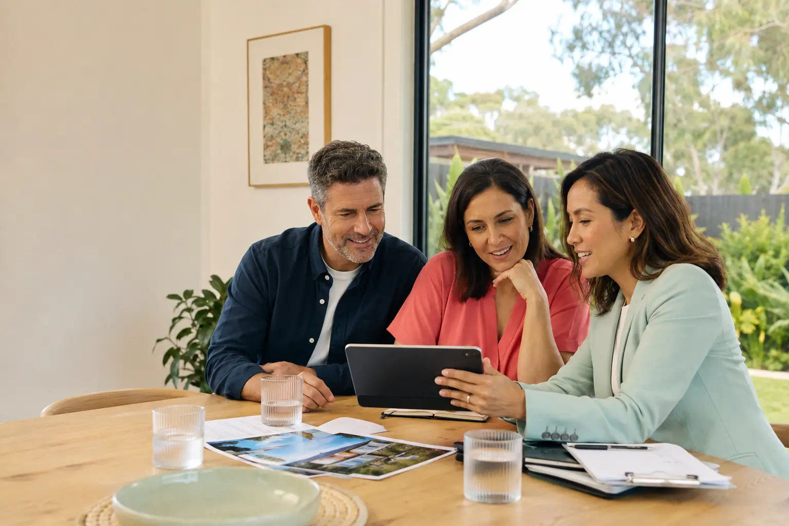 Two homeowners reviewing a selling strategy with their agent at the dining table